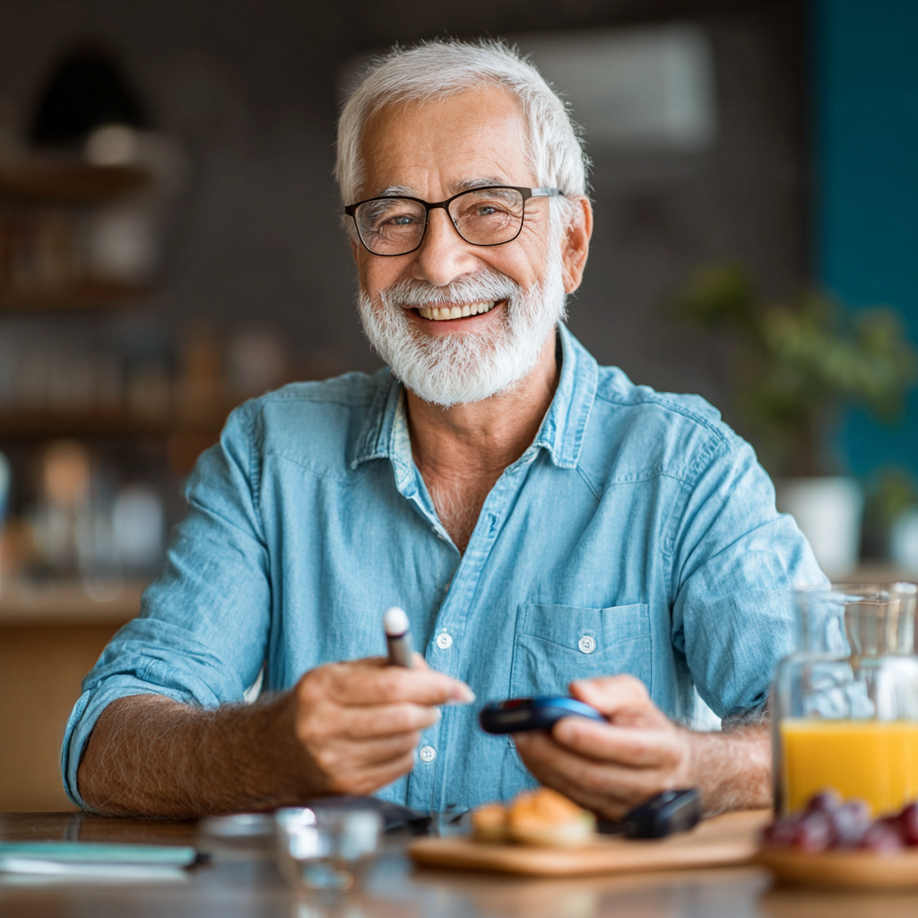 Мъж на 60 години проверява кръвната си захар с усмивка, показвайки добри резултати
