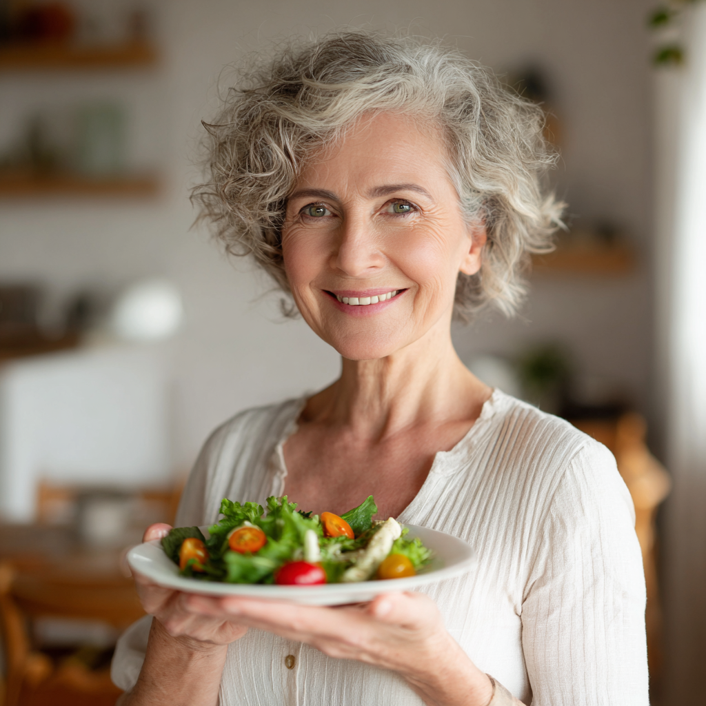 Усмихната жена на 55 години държи чиния със здравословна салата, показвайки удовлетворение от храната си